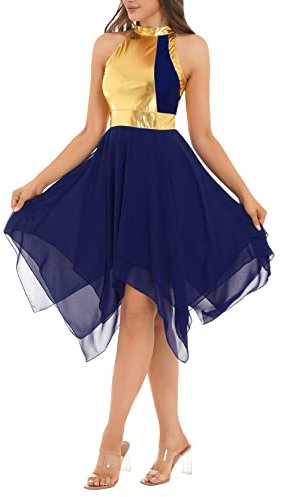 inlzdz Damen Tanzkleid Eiskunstlauf-Kleid Ärmellos Trikot Kleider Asymmetrischer Saum Ballettkleid Ballettkleidung Turnanzug Tanzkostüm Dunkelblau M