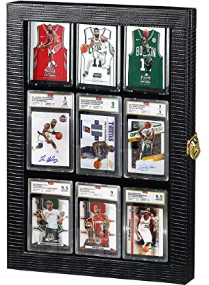 Fanousy Baseballkarten-Vitrine, PU-Leder-Sammelkarten-Display-Rahmen, hält 9 PSA, abgestufte Karten-Wand-Memorabilien-Vitrinen für Sport, Fußball, Basketball, Pokemon-Trading, Spielen, vertikal