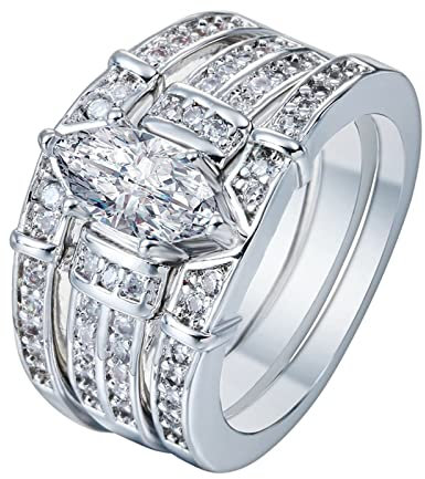 Bague d'Amitié, Bague Fine Femme Bague Pleine de Diamants À Trois Couches Argent avec Blanc Marquise Oxyde de Zirconium Taille 54