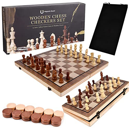Holzschachspiel für Erwachsene,Magnetisches 2-in-1-Schach, Schachbrett Holz hochwertig,besondere schachspiele,Schach Holz für Kinder Anfänger Reisen Schachfigurenset mit tragbarem Aufbewahrungsbrett