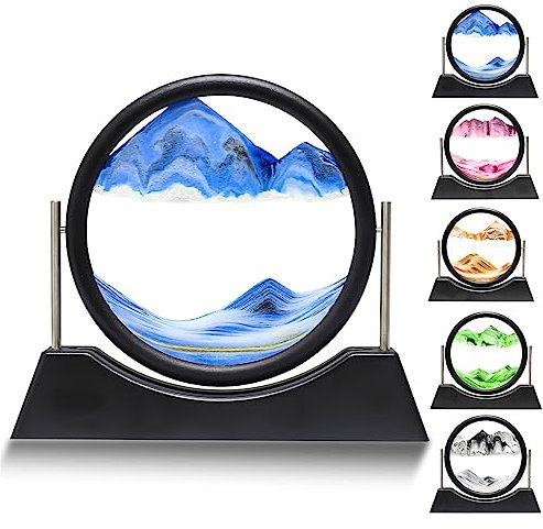 Liangding Sablier Decoratif 3D Cadre Sable Mouvant, Art de Sable Image Dynamique, Cadre Sablier en Verre Rond, Décoration de Bureau Maison, pour Enfants Adolescents Adultes Cadeaux (Bleu, 7)
