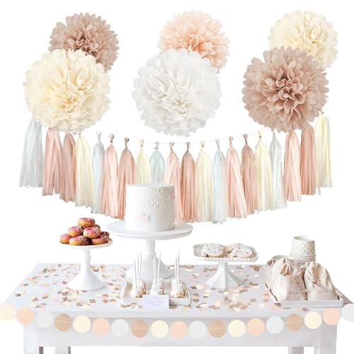 NICROHOME 12PC Seidenpapier Pompoms Dekoration, Vintage Hochzeitsdeko, Beige Deko Polterabend, Papier Pompons Papierblumen Quaste für Gartenparty Geburtstagsdeko Wedding Tischdeko Decoration Tissue