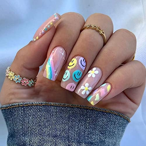 Ceboic 24 Pièces Faux Ongles Court Carrés, Brillant Français Press on Nails avec Dessin, Naturel Full Cover Acrylique Ongles à Coller pour Femme et Fille Nail Art (Smiley)