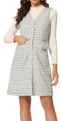 Allegra K Damenkleid mit V-Ausschnitt, Knopfleiste, Taschen, Vintage, ärmellos, kariert, Tweed-Kleid, Weiss/opulenter Garten, Mittel