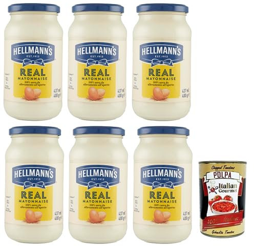 6x Hellmann's Real Maionese,Mayonnaise in Glas-Verpackung,432ml + Italian Gourmet Polpa di Pomodoro 400g Dose
