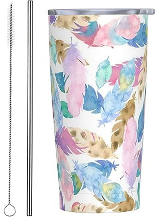 BONDIJ Wasserfarben-Feder-Becher aus Edelstahl mit Strohhalm und Deckel, 550 ml, Reisebecher, Wasserflasche, vakuumisoliert, Geschenkbecher für eiskalte oder warme Getränke