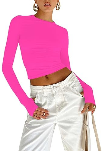 OYIGELZ Langarmshirt Damen Basic T-Shirt Langarm Crop Top Y2K Slim Fit Oberteile Casual Rundhals Tee Shirt(Rosa,M)