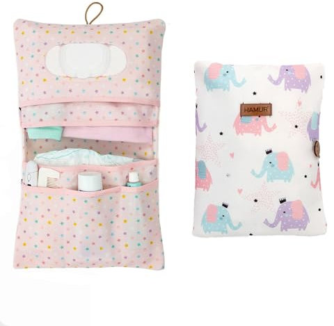 HAMUR HOME Porta Pannolini Borsa Da Appendere Pieghevole Da Passeggio Organizzatore Pannolini Alta qualità Portatile Piccola Borsa Per Pannolini Per La Mamma 2in1 (Elephant)
