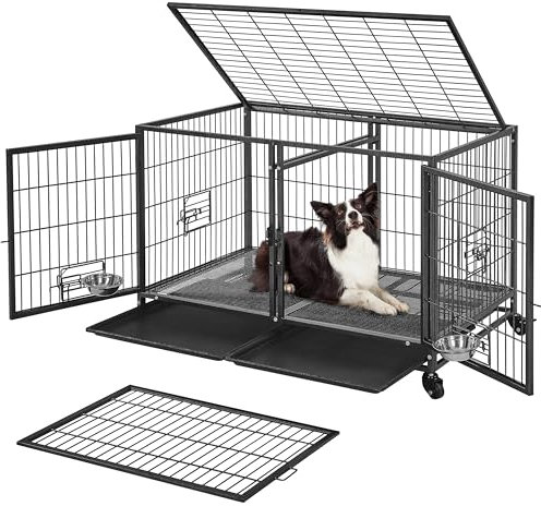 costoffs Rolling Dog Crate with Divider 43'' Stackable Dog Cage with Open Top/ 2 Removable Trays for Small/Medium Dog, Black