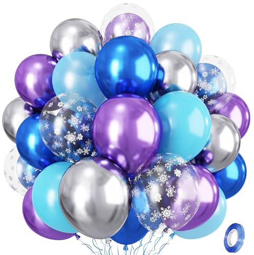 Snowflake Balloons, Pastel Blue Metallic Purple Silver Balloon with Snowflake Latex Balloons Birthday Party Decorations for Girls Birthday Baby Shower Winter Wonderland Christmas Party Supplies