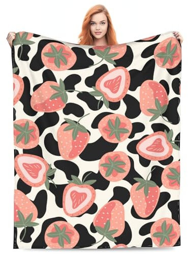 VODRM Rosa Erdbeerdecke, Geschenke für Mädchen, Frauen, Erdbeeren und schwarze Flecken von Kuhhaut, Kritzelei-Stil, Überwurfdecken für Zimmer, Bett, Couch, weich, leicht, warm, gemütlich,