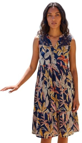 Roman Originals Cotton Tropical Lace Detail Tiered Dress for Women UK - Ladies Everyday Holiday Spring Summer V-Neckline Comfy Soft Evening Vacation Work Party