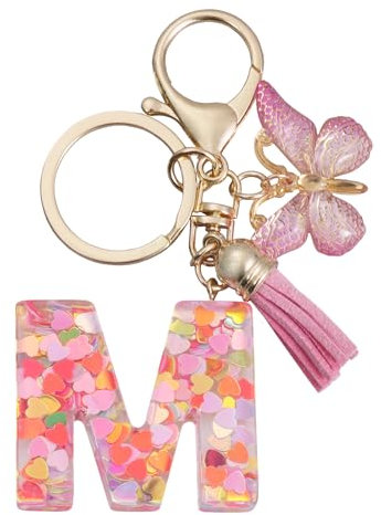 ORUZA Alphabet Initial Letter Keychain, Pink Initial Keyring with Butterfly Tassel Pendant Resin Letter Key Ring for Women's Wallet Purses