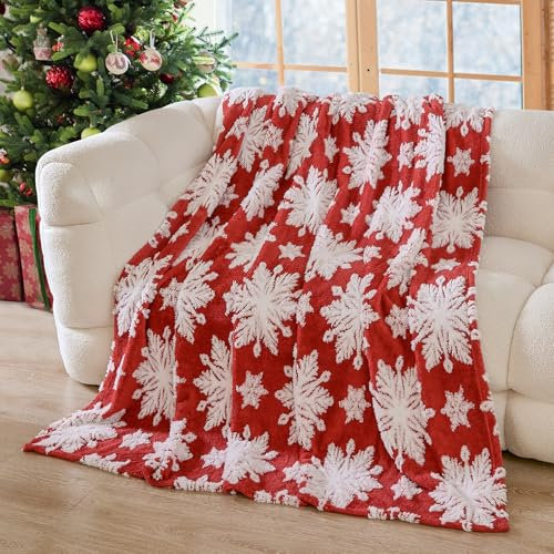 WONGS BEDDING Weihnachtsdecke Kuscheldecke 150x200 cm Flauschig Weihnachts Decke Wohndecke Warme Fleecedecke Weiche Sofadecke Couchdecke für Bett Sofa Schlafzimmer Büro, Rot Schneeflocken
