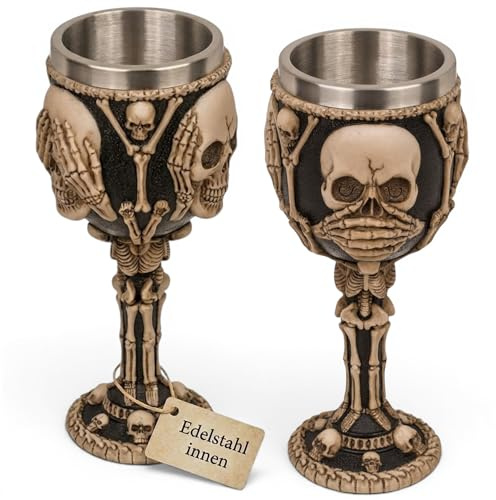 MIJOMA 3D-Totenkopf Weinglas Becher – Schädelbecher aus Kunststein und Edelstahl, mittelalterlicher Wikinger Krug, 300ml Fassungsvermögen (sieh nicht, hör nicht, sprich nicht)