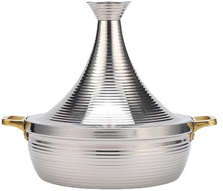 Yiustldd Stainless Steel Tagine Pot with Cone-Shaped Closed Lid, Non-Stick Slow Cooker Pan with 2 Handles for Induction Cooktop Gas Stove,Silver,32cm