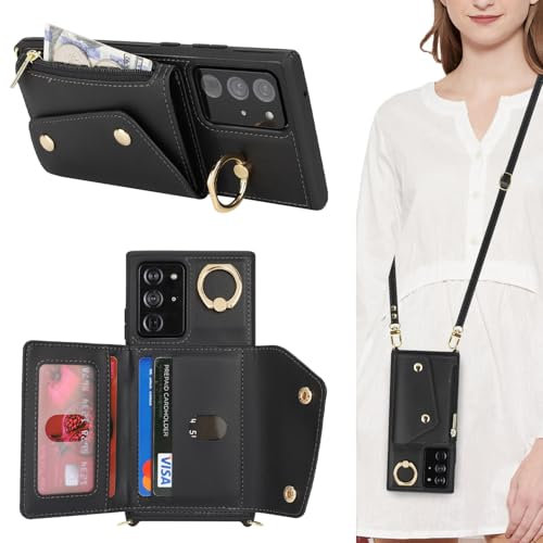 Lipvina Hülle für Samsung Galaxy Note 20 Ultra Hülle mit Band Kartenhalter handyhülle Hülle für Samsung Galaxy Note 20 Ultra mit Reißverschluss Band Ring Ständer Case für Frauen - Schwarz