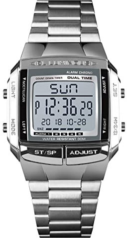 Herren-Armbanduhr, mit 2 Zeiten Edelstahlband, Digitale Sportuhr, 30 m wasserdicht, modisch, luxuriös, elektronische LED-Uhr Silber