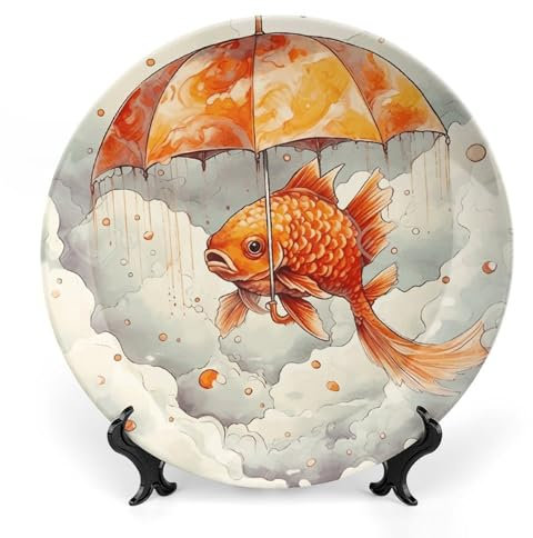 VFMNT Assiette décorative en porcelaine anglaise de 25,8 cm en forme de poisson sous le parapluie - Assiettes à dessert pour cuisine, salade, décoration de table