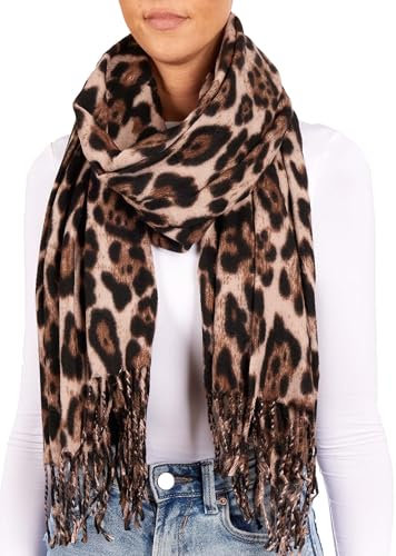 BRUBAKER Cashmirillo Damen Schal mit Leoparden Muster - 70 x 200 cm - Warm, Kuschelig und Oversized - Leo Damenschal für Herbst und Winter - Winterschal mit weichem Kaschmir-Gefühl - Beige Schwarz