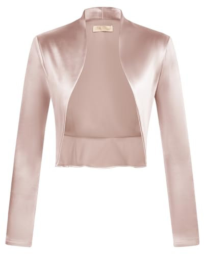 Belle Poque Coprispalle da donna in raso, stile vintage, a maniche lunghe, aperto sul davanti, con orlo arricciato, rosa, S