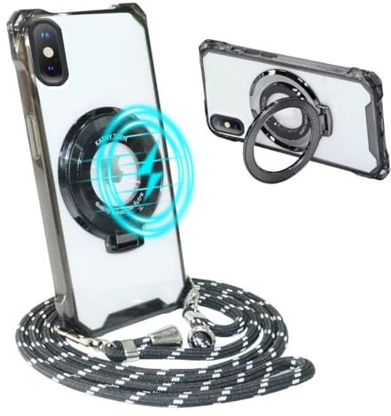 Belzsxy Magnetische Handykette für iPhone XS Max mit Band [Kompatibel mit Mag-Safe] Kameraschutz Galvanik Transparent Silikon Case Abnehmbar Kordel zum Umhängen Handyhülle Schutzhülle,schwarz