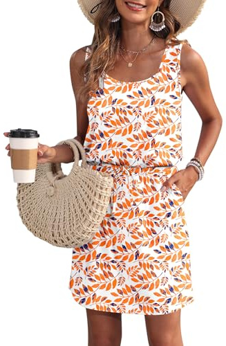 WNEEDU Summer Dresses Women UK Darwstring Beach Dresses Emprie Waist Sundresses with Pockets Orange Leaf L