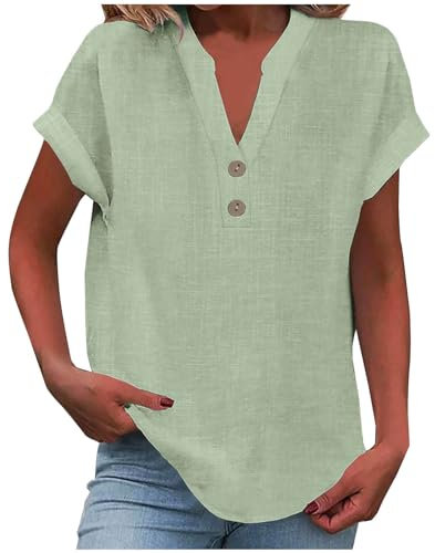 AMhomely Womens Tshirts Cotton Linen V Neck Cap Sleeve Shirt Summer Fashion Casual Cotton Linen Blouses Trendy Tops