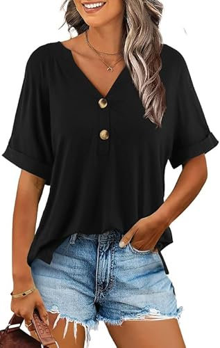 Ritiriko Damen Sommer Elegant Tunika Tops Kurzarm Oberteile Casual Bluse Lässig V-Ausschnitt Lässig Blusen mit Reverskragen Basic Tshirt Den Schwarz L