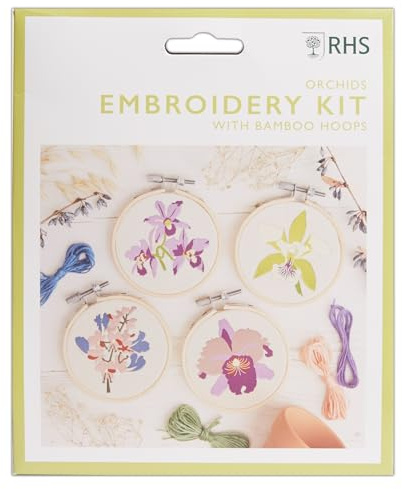 RHS The Royal Horticultural Society Embroidery Hoop Decoration Kit, Orchids Designs, (Pack of 4), Embroidery Kits for Adults & Adults Beginners, Gift Idea, Embroidery Pattern