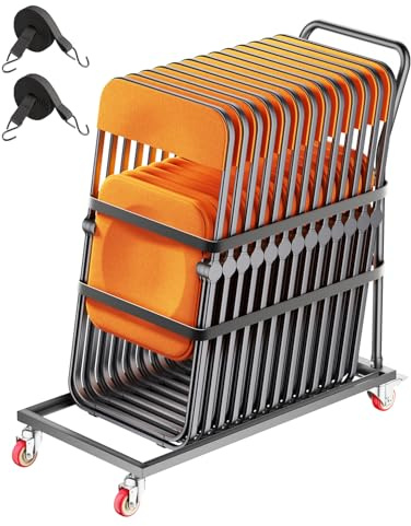VEVOR Estante para Sillas Plegable, Capacidad de 136 kg, Carrito de Colocación Vertical en Forma de L para 25 Sillas, Carrito de Almacenamiento de Metal Resistente con Ruedas de Goma, Negro Mate