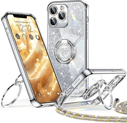 XYZ Coque pour iPhone 11 Pro Con Cordon, Mignonne et Luxueuse, Double Anneau Motif Cœur d'amour pour Femmes et Filles, Pailleté Souple Coque iPhone 11 Pro, Argent