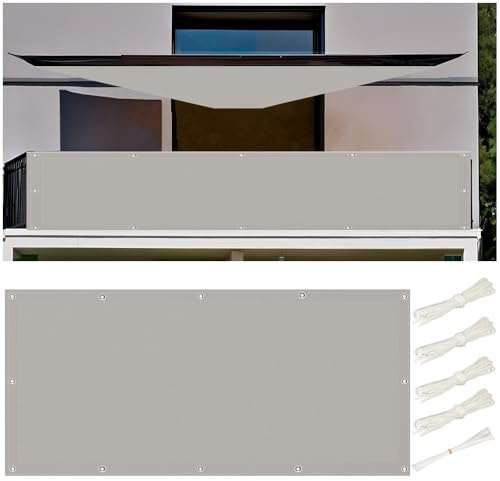 Balkon Sichtschutz 70x900cm Balkonabdeckung Wetterfest, Sonnensegel 0.7x9M Wasserdicht Rechteckig Sonnensegel Balkon Ohne Bohren Segeltuch mit Ösen und Kordel für Garten Terrasse, Hellgrau