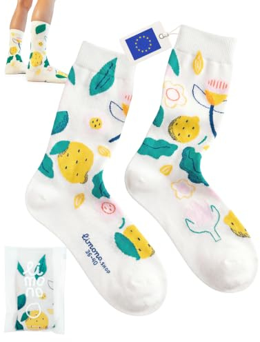 Limono Bio-Baumwolle Socken mit Zitronen-Motiv, bunte nachhaltige Designsocken, Lemonheads, farbe Black. Crew-Socken Damen Herren EU 35-38, 39-43, Jacquard-Muster, Made in Portugal