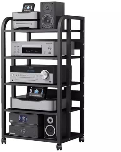 Sistema de rack para equipo de música doméstico con estante de altura ajustable y ruedas, gabinete resistente para componentes de audio y video, para amplificadores, reproductores y accesorios de TV