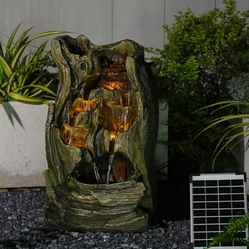 Bumilgar 62CM Baumstumpf Solar Garten Wasser Funktionen im Freien, Holz-Stil Garten Brunnen und Wasserfälle mit Licht, Pumpe für die Terrasse, Deck, Veranda, Hinterhof Home Décor, Brown & Green