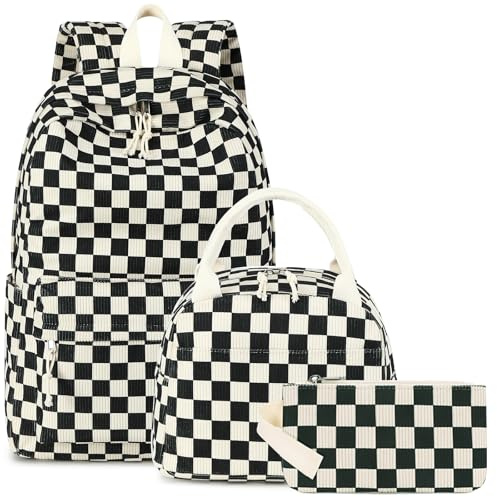 CAMTOP Backpack for School Kids Cute Backpacks for Girls Elementary Lighweight Bookbag with Lunch Box Pencil Case 3 in 1, Black White Check, M, Lighweight Bookbag With Lunch Box Pencil Case 3 in 1