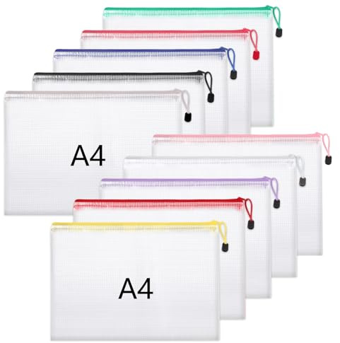 10 Stück Dokumententasche A4, Reißverschlusstasche Dokumentenmappe | Wasserdichte Dokumententaschen mit Reißverschluss für Datei Prüfungsunterlagen Bücher Quittungen (10 Farben)