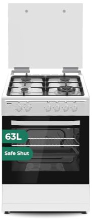 Svan Cocina Gas Butano Independiente, 4 Zonas de Cocción, Horno 63 L, Blanco, SKGW4602. Control Manual, Quemador Wok Triple Llama, 2 Programas, Cristal en Puerta de Doble Capa, Tapa Abatible