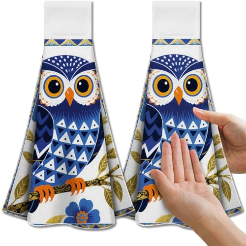 CUTHOLLOW Lot de 2 Torchons de Cuisine Suspendus - Chouette Bleue et Fleur - Microfibre Douce et Super Absorbante, Torchon Décoratif Suspendu pour Vaisselle, Torchon pour Cuisine | Torchons suspendus microfibre doux avec boucle, serviettes mains pour cuisine, four, salle de bain