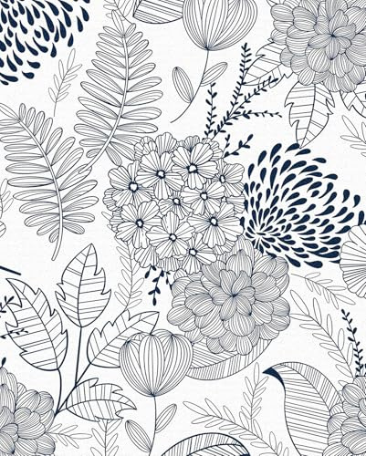 ICYEHAO Selbstklebende Tapete Blau Blumen, 44 x 600 cm Tapete Blau Tapeten Dschungel Blaue Blumentapete Blätter Pflanzen Möbelfolie Selbstklebend für Badezimmer Wohnzimmer Schlafzimmer Küche