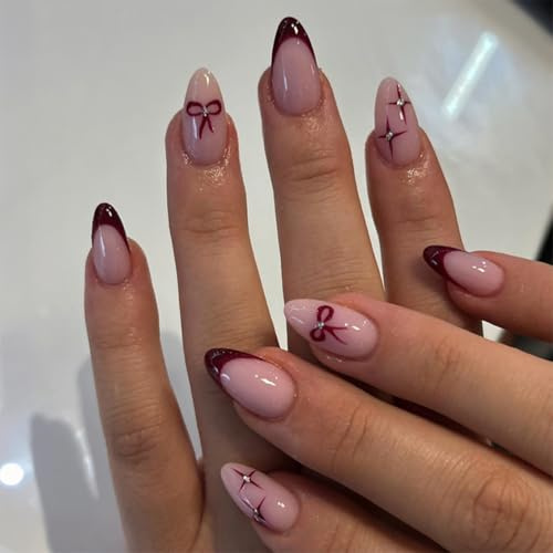 24PCS Press On Nails Almond, French Tip False Nails Acrylic Fake Nails with Red Bow Star & Diamond-Studded Design, Reusable Durable Stick on Nails for Women Valentine Party Gift