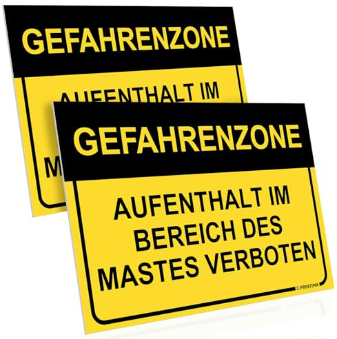 PRINTIMA 2x Schild 32x21 cm AUFENTHALT IM BEREICH DES MASTES VERBOTEN PVC – Warnschild GEFAHRENZONE mit Montagematerial – Sicherheit bei Strommasten & Industrieanlagen
