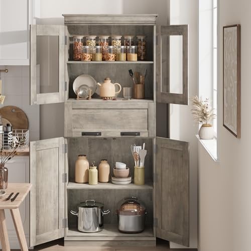 Thaookte Küchenschrank, 170 cm Hoher Mehrzweckschrank, Buffetschrank Mit 4 Türen Und 2 Schubladen, Hochschrank Mit Verstellbaren Regal Für Küche, Wohnzimmer, Esszimmer, Grau
