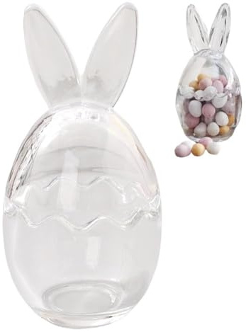 Osterhasen Süßigkeitenglas aus klarem Glas mit Hasenohren Deckel - Dekorative Vorratsdose für Osternest Mini-Eier Gebäck - Frühlingshafte Tischdeko & Osterdekoration für Küche und Wohnzimmer (1pcs)