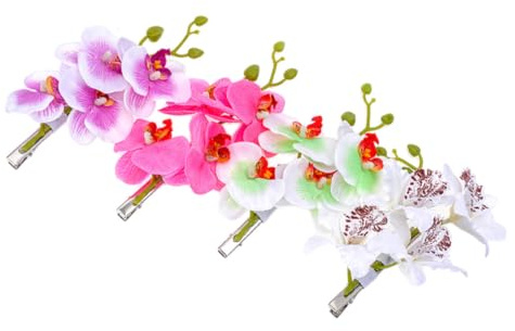 Stoff und Metall Haarspangen 4 Stück Orchideen für Damen und Frauen | Phalaenopsis Form, Festlich und Am Strand Tragbar, als Haarschmuck im Vier Stück Zufällige Farbe