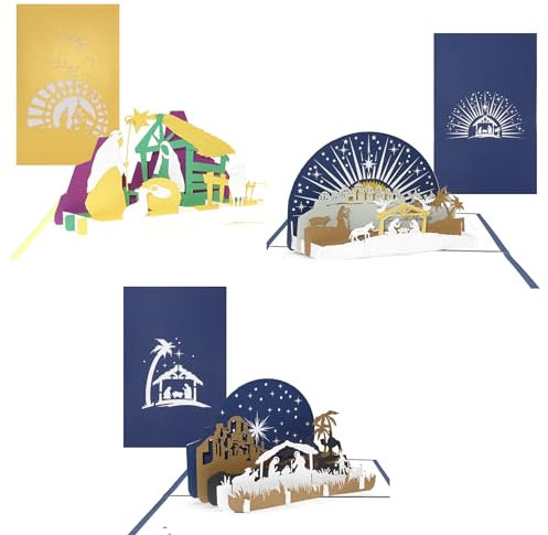 3D Weihnachtskarten im 3er Set - 3x christliche Pop Up Karten zu Weihnachten mit Umschlag - Modell Krippe - Krippenmotive
