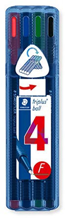 STAEDTLER Kugelschreiber Triplus Ball, ergonomischer Dreikantschaft, Linienbreite F, wischfest, Box mit 4 brillanten Farben, 437 FSB4