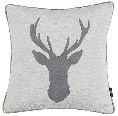 McAlister Textiles Stag | Hirsch-Motiv Kissenbezug 43cm x 43cm in Beige Natur | Rückseite Tartan kariert | Deko Kissenhülle für Sofa, Couch, Sessel