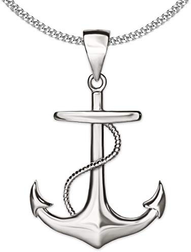 CLEVER SCHMUCK Herren Halskette Anhänger Anker 24 mm maritim beidseitig plastisch Kette Panzer 50 cm 925 Sterling Silber im Schmucketui